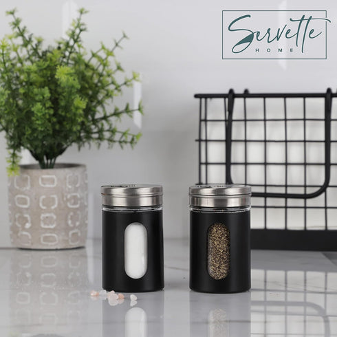 Black Salt Pepper Shakers, Retro Glass Spice Jars - Set of 2