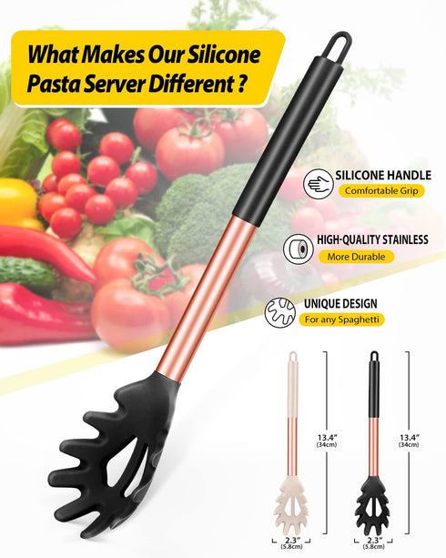 Pack of 2 Silicone Pasta Fork, Kitchen Heat Resistant Noodle Spoon Server, BPA Free Spaghetti Strainer, Best Cooking Tools (ROSE GOLD BLACK-KHAKI) by BUNDLEPRO