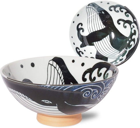 Minorutouki Extra Large Rice Bowl - White Wave Whale Blue, f5.8×H2.6in, 7.76oz, Made in Japan