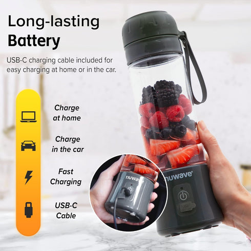 Nuwave Obsidian Gray Portable Blender, Personal USB-C Rechargeable Blender with 6-Piece Blade for Crushing Ice, 18 Oz