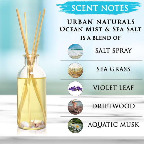 Urban Naturals Ocean Mist & Sea Salt Reed Diffuser Set, Decorative Air Freshener, Essential Oils & Botanicals