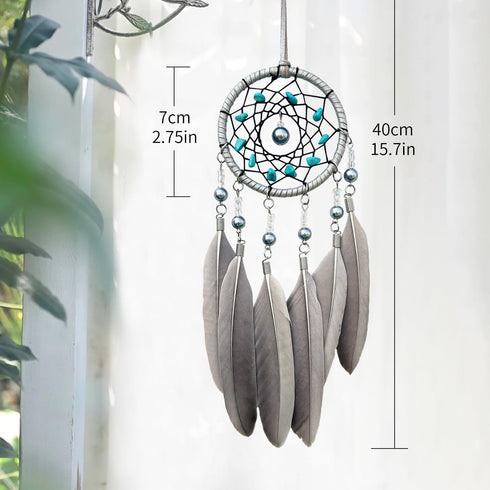Small Dream Catchers for Cars Rear View Mirror, Handmade Gray Feather and Turquoise Car Charm Pendant