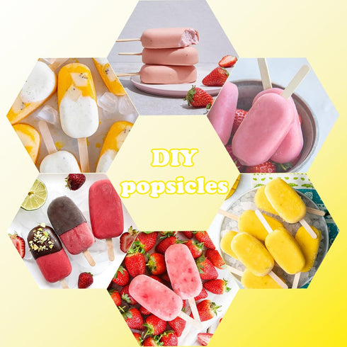 4 50 Sakolla Pcs Silicone Popsicle Molds with Lid & Pcs Wooden Popsicle Sticks, Stackable Classic Oval Ice Cream Molds