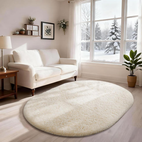 4x6 Ophanie Oval Ivory Rugs for Bedroom Living Room, Fluffy Fuzzy Furry Carpet, Plush Soft Shaggy Bedside Indoor Floor