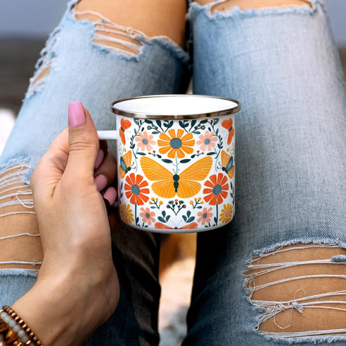 Floral Butterfly Enamel Camping Coffee Mug - Nature Flowers Botanical Gift Cup for Friend, Coworker, Women, Mom (12oz)