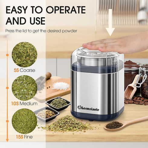 Herb Grinder Spice Grinder, 200 w Herb Grinder with Stainless Steel Blade and Cleaning Brush, Compact Size Electric Grinder for Herbs and Spices -5.11in(Stainless Steel) by Hermolante