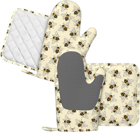 Happy Busy Bees Oven Mitts and Pot Holders Sets Silicone Bees Kitchen Mitts Bees Potholders Heat Resistant 4Pcs Bees Oven Gloves Hot Pads for Kitchen Baking Cooking BBQ Grilling by MIFSOIAVV