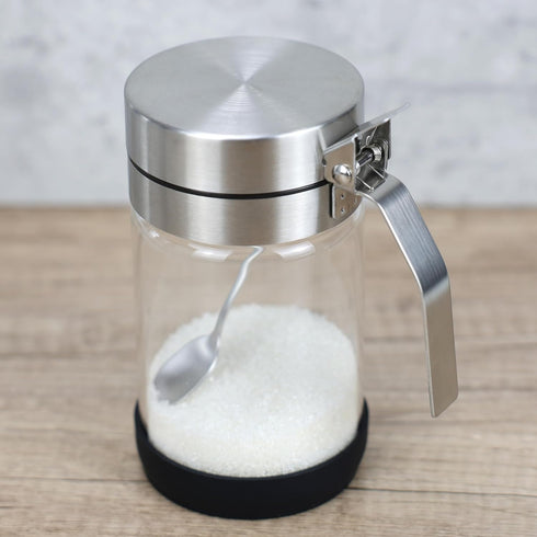 Glass Condiment Jars with Stainless Steel Lids and Spoons for Serving & Storing Sugar Spice Salt Seasoning in Home Kitchen Coffee Bar Restaurant, Container Capacity 450ml/14.5oz