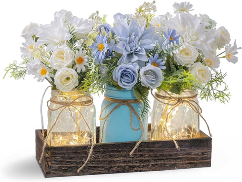 LUEUR 3PCS Artificial Flowers Blue Dahlia in Mason Jars with Wood Tray