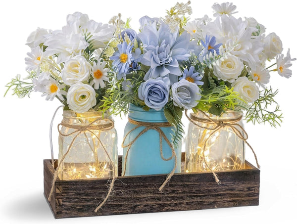 LUEUR 3PCS Artificial Flowers Blue Dahlia in Mason Jars with Wood Tray