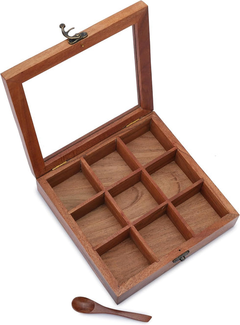 8x8 Inch 9 Ajuny Wooden Spice Box - Decorative Masala Dabba Organizer with Glass Lid, Fixed Compartments & Spoon, Spice