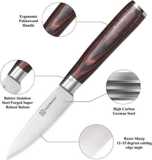 KEEMAKE Paring Knife 3.5 inch, Fruit Knife with German High Carbon Stainless Steel 1.4116 Small Knife, Pairing Knife with Pakkawood Handle Small Kitchen Knife with Gift Box Utility Knife by KEEMAKE