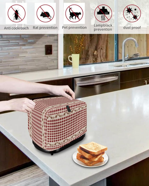 Toaster Dust Cover with Pockets, Country Star Berry Red Buffalo Plaid, 4 Slice Soft Washable Cover