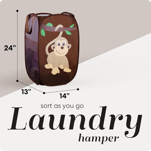 Handy Laundry Collapsible Mesh Pop Up Hamper with Wide Opening and Side Pocket for Clothes and Storage (Monkey)