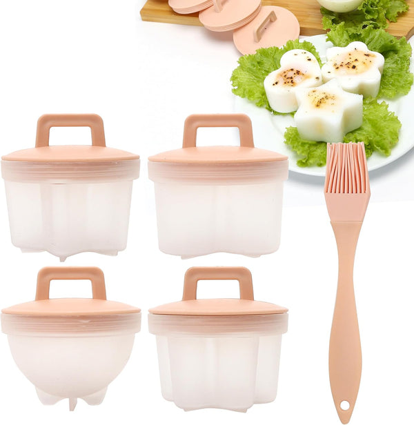 Cute Set of 4 Egg Cooking Pods Mold - Pink Microwave and Stovetop Hard Boiled, Soft Boiled Holder Cups