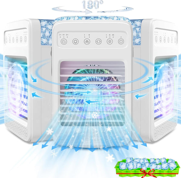 Portable Air Conditioners, 180° Oscillation Mini AC, 4 Wind Speed, Built-in Ambient Light, Large Water Tank for