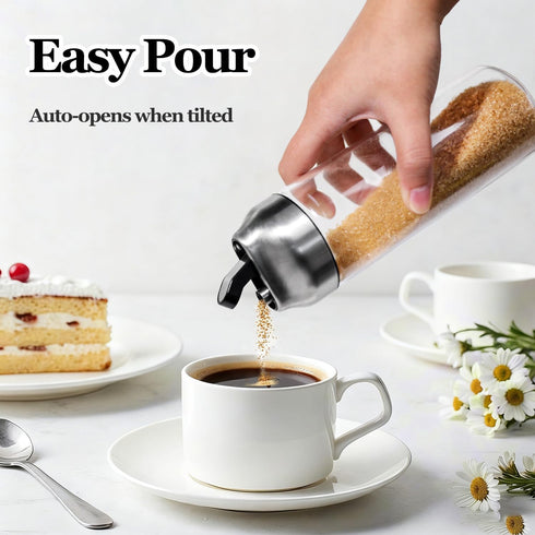 Sets, 14 OZ 2 Pack Large Sugar Dispenser Shaker Glass Sugar Container with Pour Spout for Coffee, Tea, Milk