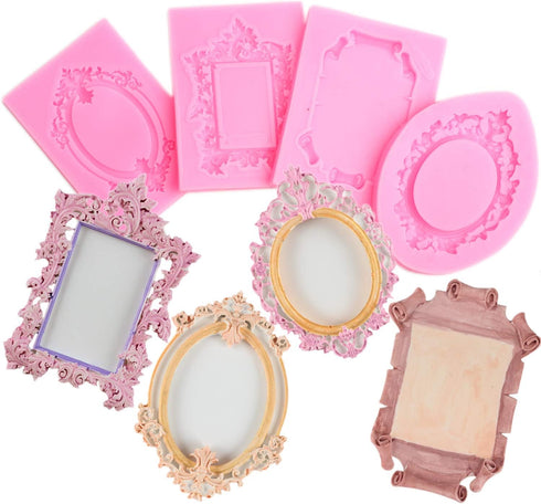 Mujiang Baroque Style Fondant Molds - Curlicues Scroll Lace Photo Frame Silicone Molds Set of 4