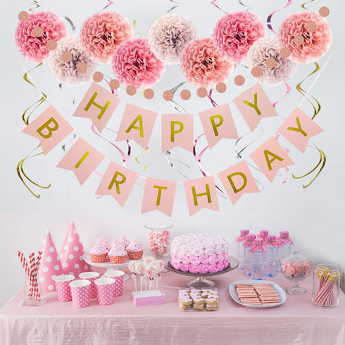 Rose Gold Birthday Decorations Kit, 20-Pc Set with Happy Birthday Banner, Tissue Paper, Garland & Swirls