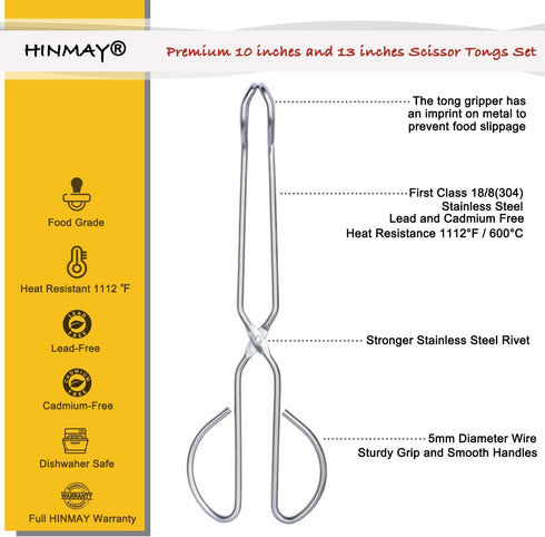 Stainless Steel Kitchen Scissor Tongs Set - 2-Piece (10/13 Inch) for Cooking, Grilling, Serving