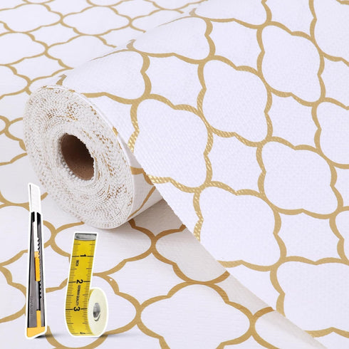 Shelf Liners for Kitchen Cabinets, 12in x 10FT Non Adhesive Drawer Liner, Gold Quatrefoil Thickened Shelf Liner Paper