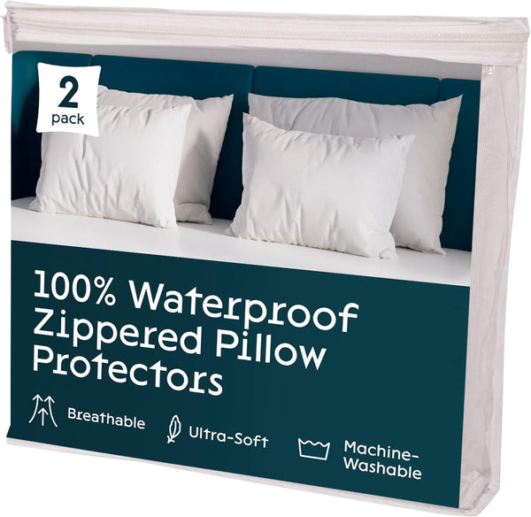 2 Pack Waterproof Pillow Protectors Standard 20x26 Inches, Smooth Zipper Premium Encasement Covers, White Liquid