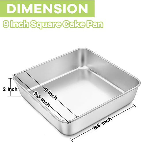 TeamFar 9 Inch Square Cake Pan, Stainless Steel Baking Roasting Pan for Cake, Brownie, Lasagna, Dishwasher Safe