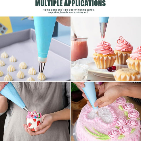 Piping Bags and Tips Set, Reusable Cake Decorating Supplies with 2 Bags, 12 Icing Tips, 2 Silicone Rings, 2 Couplers, 3