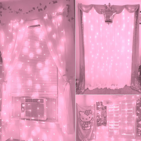 Curtain Lights, Pink LED String Lights, 8 Modes for Garden, Teen Girls' Room, Party and Window Decor