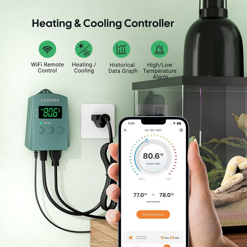 32-113F 365 1200W, WiFi Digital Heat Mat Thermostat Controller, with Heating Cooling Mode, Day Data Export, High/Low