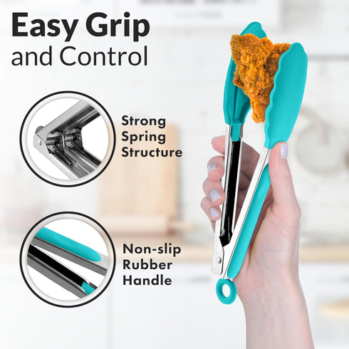 Zulay Stainless Steel Kitchen Tongs with Silicone Tips, Set of 2 (9” & 12”), Locking Cooking Tongs, Silver/Aqua Sky