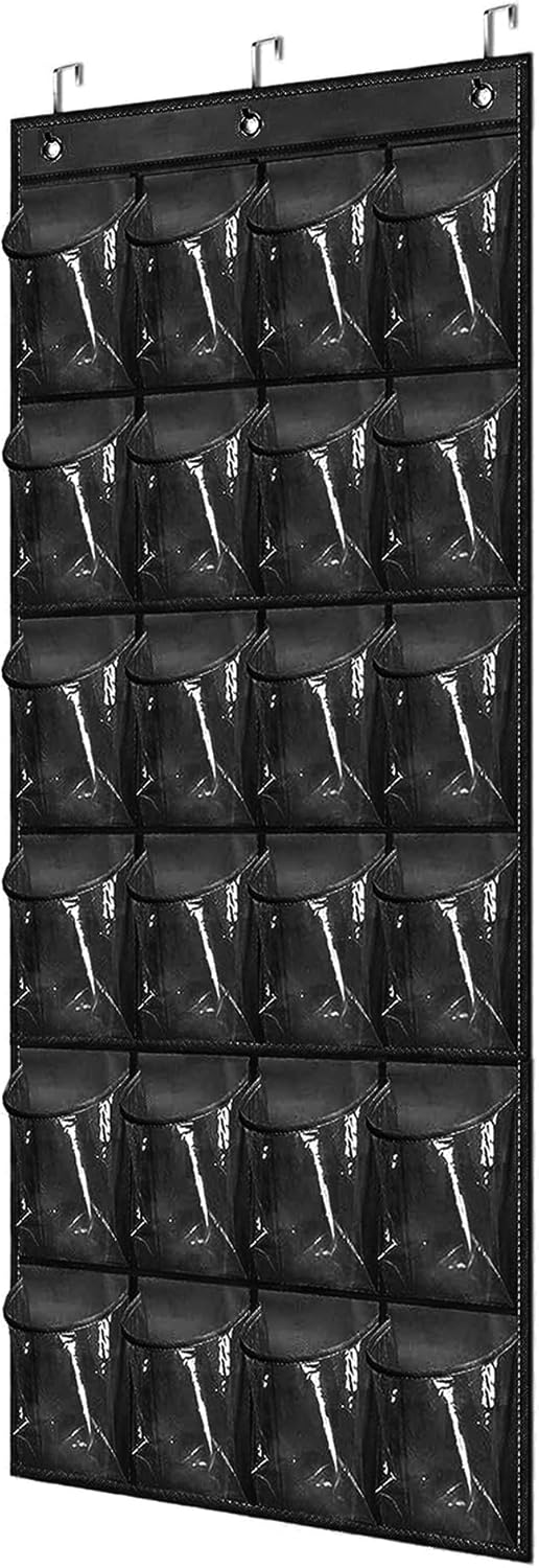 Over The Door Shoe Organizer - Space Saving Shoe Rack with 24 Pockets and Hook, Hanging Shoe Holder (Black)