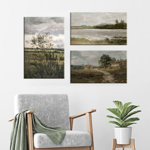 Field Landscape 3 Pieces Split Print Wall Art, Vintage Country Landscape Painting, Nature Abstract Art Mural