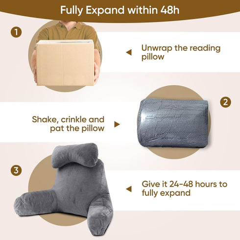 25''H Reading Pillow for Sitting in Bed Adult, Bed Pillow with Shredded Memory Foam, Pillow with Detachable Neck Roll