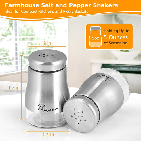 Accmor Salt and Pepper Shakers Set, 5oz Stainless Steel Seasoning Containers with Glass Bottom for Home Cooking