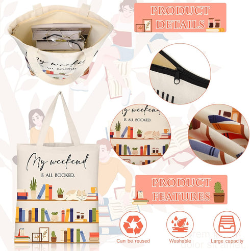 Sieral 2 Pcs Book Lovers Gifts Bookshelf Tote Bag Makeup Reading Canvas Bag Reusable Book Tote Bag Cosmetic Pencil