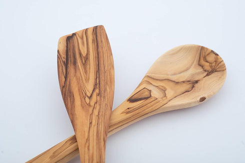 Handcrafted Olive Wood Cooking Spoon & Spatula Set of 2 Pieces - 10 Inch Practical Wooden Utensils