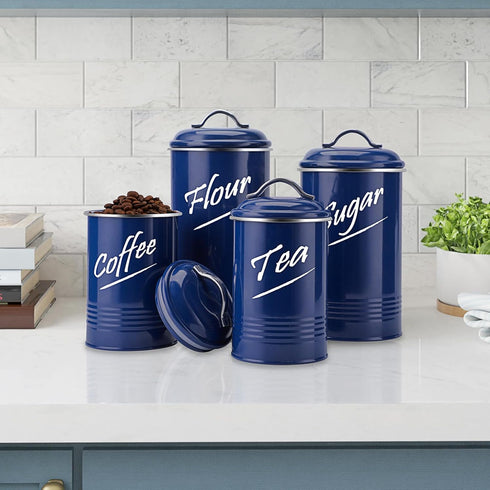 Hillbond Canister Sets, Navy Blue Food Storage Containers, Carbon Steel with Powder Coated Decorative Jars Set