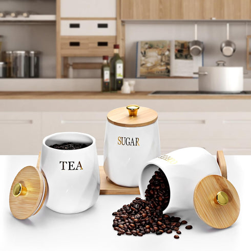 OGANAZI 3 Pack Set Set, Countertop Ceramic Canister with Bamboo Lids and Handle Tray, Coffee Tea Sugar Container White