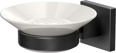 Gatco 1942MX Elevate Soap Dish Holder Matte Black | Wall Mounted Porcelain Round White Soap Dish with Matte Black Base