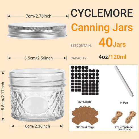 40 Pack 4oz CycleMore Clear Mason Jars With One Piece Silver Lids, Mini Glass Canisters, Spice Bottles, Canning Jars