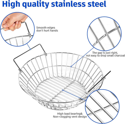 13.75 Inch Charcoal Basket for Grill, Stainless Steel Ash Basket for Large Big Green Egg & Kamado Joe, Heavy Duty