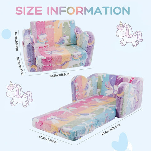 2-in-1 Kids Couch Sofa Toddler Couch Unicorn Glow in the Dark Foldable Kids Sofa Bed Flip Open Toddler Sofa Chair