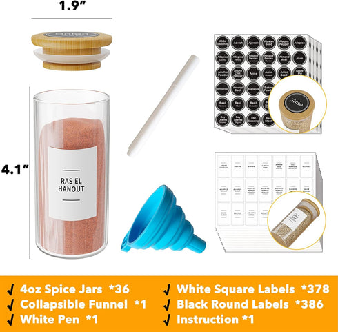 36 4oz SpaceAid Pcs Spice Jars with Bamboo Lids and Labels, Empty Glass Spice Bottles, Minimalist Farmhouse Spice