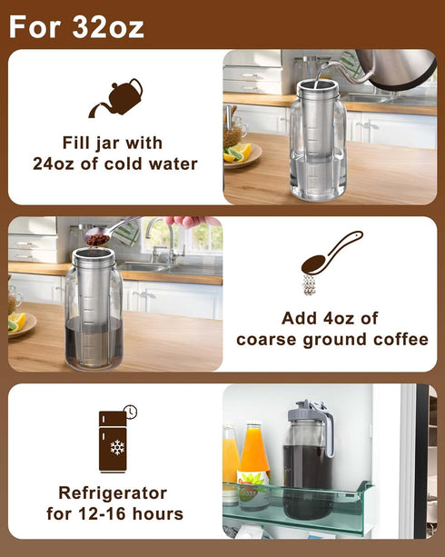 Fine Mesh Cold Brew Coffee Filter for 32oz Wide Mouth Mason Jars, 304 Stainless Steel Strainer with Seal Ring