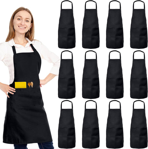 XEMGUE 12 Pack Bib Apron, Unisex Restaurant Kitchen Aprons for Women with 2