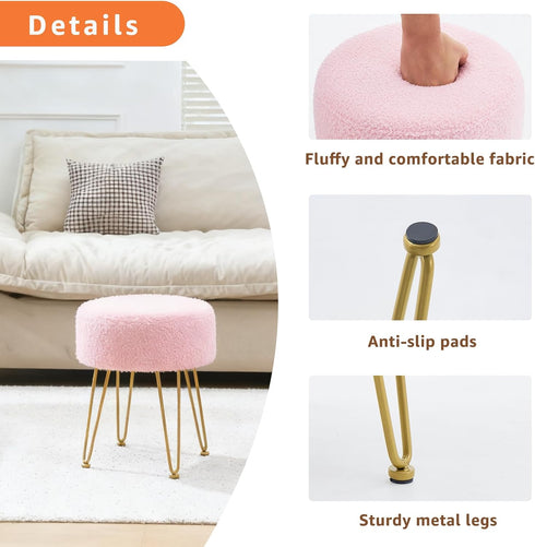 WROCFURSTAR Vanity Stool, Teddy Velvet Ottoman Foot Stool, Dressing Table Seat with Metal Leg Vanity Chair for Bedroom