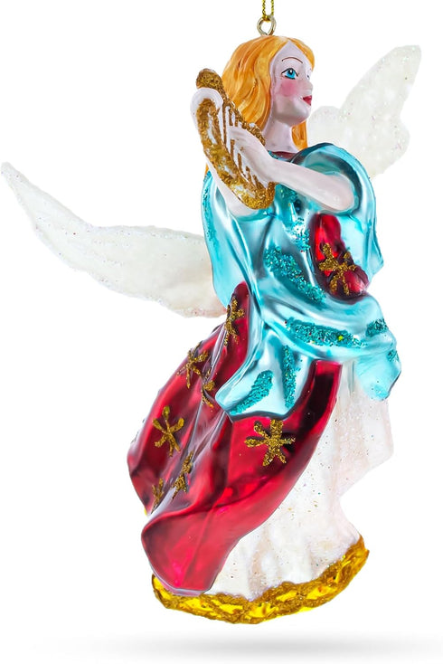Angel Playing Music on Harp Blown Glass Christmas Ornament