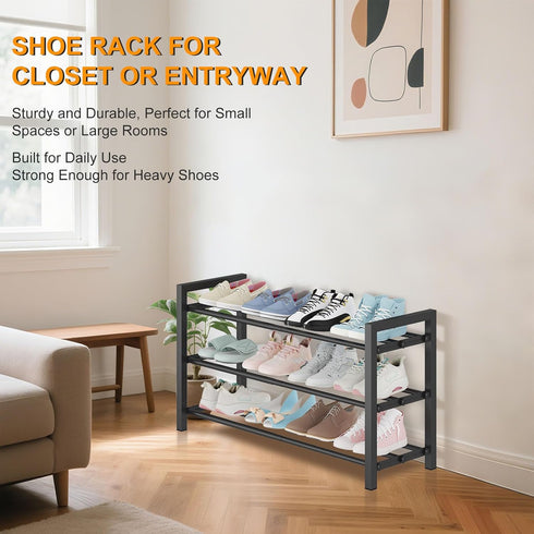 3-Tier Closet, Detsuk Expandable Shoe Rack Adjustable Heavy-Duty Metal Shoe Organizer Shelf for Entryway, Mudroom