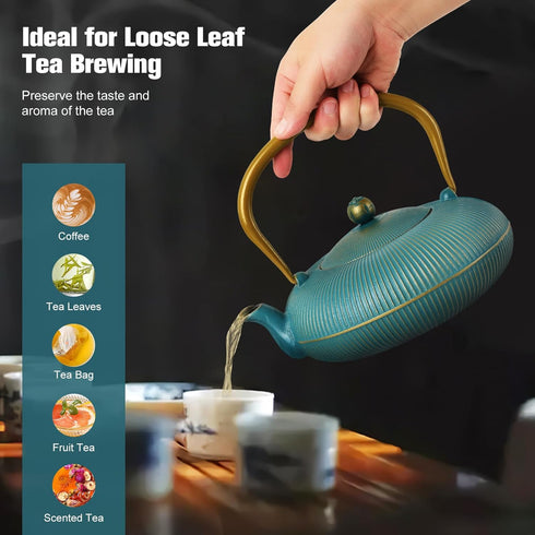 Green Cast Iron Teapot, Large Capacity 40oz/1200ml with Infuser for Loose Leaf, Stovetop Safe